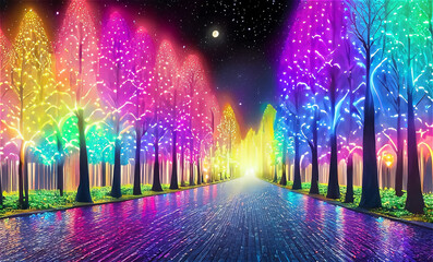 七色の虹色LEDで作られた木と並木道