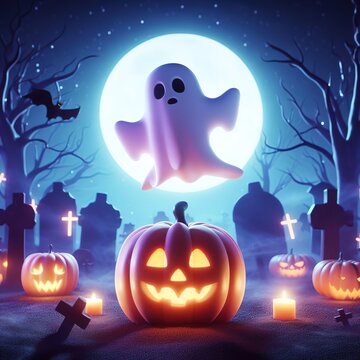  3D Spooky Halloween at graveyard. 3D Rendering cute ghost floating above pumpkin at spooky night in haunted graveyard
