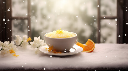 Bowl of Orange Rhubarb Soup with Orange Blossoms
