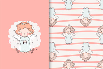 Cute baby angel. Cartoon card and seamless pattern set. Vector illustration. 