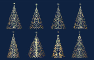 Hand drawn set of decorative Christmas tree with star. Golden Happy New Year ornate elements for winter holidays, abstract Christmas symbol, Xmas design. Vector sketch illustration on blue background
