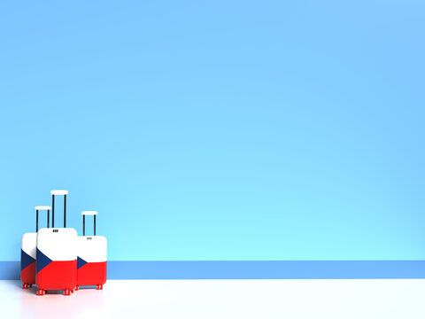 Travel suitcases in the colors of the Czech Republic flag on a white background with empty space for text. 3d illustration on the theme of business trips.