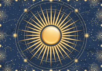 Hand drawn card of 3d golden Sun, sunburst, light rays, stars. Constellation celestial space. Zodiac horoscope symbol, star astrology, astrology sign, icon. Magic space galaxy, vector illustration