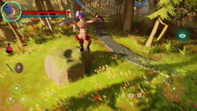 Gameplay for Mockup: Fantasy Role Playing Video Game Featuring Adventure and Combat. Strong Female Playable Character Leveling Up and Successfully Finishing the Quest with Victory Screen Announcement