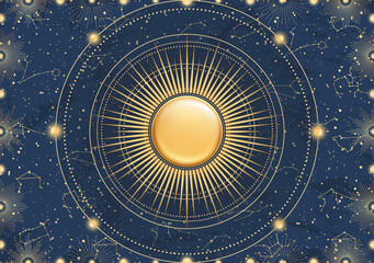 Hand drawn card of 3d golden Sun, sunburst, light rays, stars. Constellation celestial space. Zodiac horoscope symbol, star astrology, astrology sign, icon. Magic space galaxy, vector illustration
