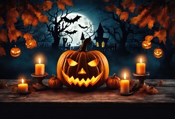 Full Moon and Pumpkin Head: Halloween Illustration Spooky House Haunted house Halloween pumpkin head jack lantern with burning candles, Spooky
