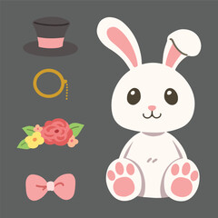 Cute cartoon illustration of a white rabbit and its cute little accessories. Collection of cute rabbit cartoon vector. Cute cartoon character.