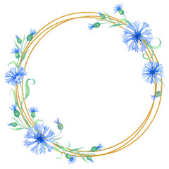 Obraz premium Golden wreath, round frame with cornflower flowers . watercolor illustration with blue flowers