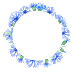 Fototapeta na wymiar Wreath, round frame with cornflower flowers . watercolor illustration with blue flowers