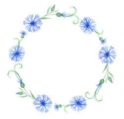 Wreath, round frame with cornflower flowers . watercolor illustration with blue flowers