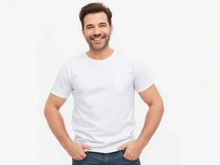 portrait of a happy man with hands in pocket and white mock up t shirt