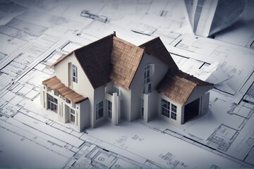 Building house on blueprints - construction project