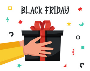 Black gift box in human hands. Black Friday cincept. Holiday concept. Sale concept.