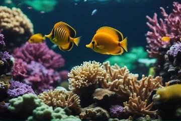 Naklejka na ściany i meble Tropical sea underwater fishes on coral reef Aquarium oceanarium wildlife colorful marine panorama 
