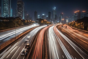 The motion blur of a busy urban highway during the evening rush hour The city skyline
