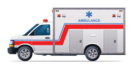 Ambulance emergency car vector illustration. Medical vehicle side view isolated on white background