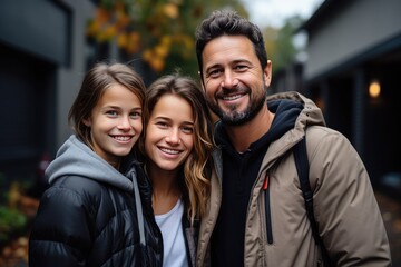 A happy husband, wife, and their daughter smiling in front of a large house. A new concept of home, creating a family - obrazy, fototapety, plakaty