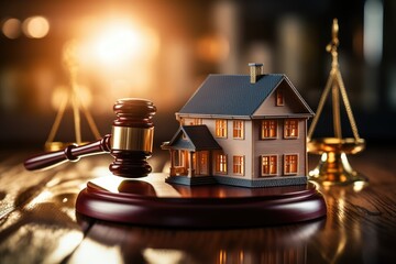 Auctioneer and real estate concept. Model house, gavel, and law books. The law of real estate concept - obrazy, fototapety, plakaty