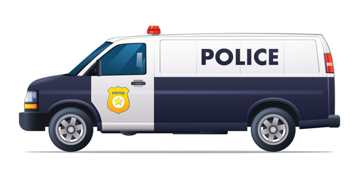 Police car vector illustration. Patrol official vehicle, side view van car isolated on white background