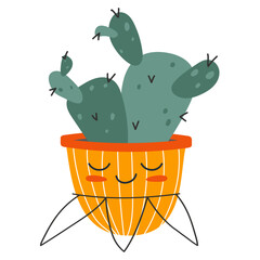 Kawaii plant in a flower pot. Sticker of a plant with a cute smile for kids. exotic plant. Cute plant on isolated white background. vector stock illustration.