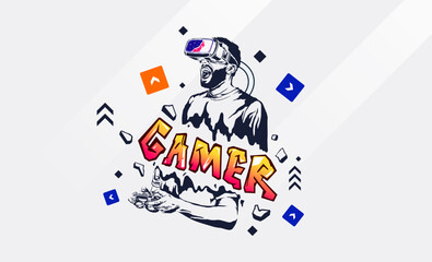 illustration of a gamer playing a virtual game with abstract objects decorated around him. game lover