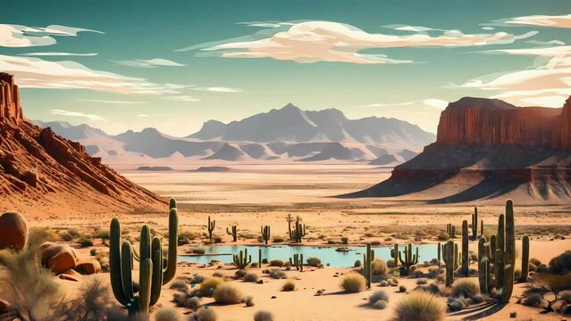 Beautiful desert with cactus trees panorama, seamless looping video animated background	
