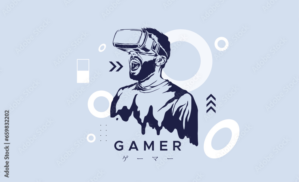 Poster illustration of a gamer playing a virtual game with abstract objects decorated around him. game love