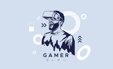 illustration of a gamer playing a virtual game with abstract objects decorated around him. game lover