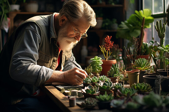 Generative AI Image of Old Man Caring for Small Houseplants at Home