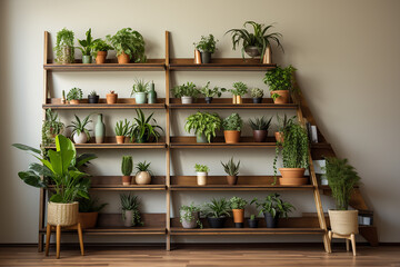 Generative AI Image of Various Green Houseplants in Pots on Wooden Shelves