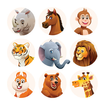 Animal avatar characters set. Cute animal faces in cartoon style