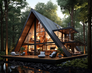 Fototapeta premium A modern A-frame residential structure, standing tall in suburban tranquility
