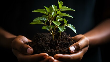 hands holding a plant. Hands holding dirt and plant. plant growing from earth. mother nature. greenery and botany. natural. green. Nature