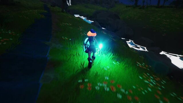 Night Video Game Mock-up Without Overlay: Playable Character in 3D Fantasy Role Playing Video Game. Female Hero Character on Adventure, Running and Exploring Surroundings Holding a Glowing Sword