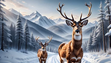 Foto op Plexiglas Christmas Deer Winter Poster Deer With Antlers. Magical Winter Feeling in The Snowy Forest. Generative AI. © Janis