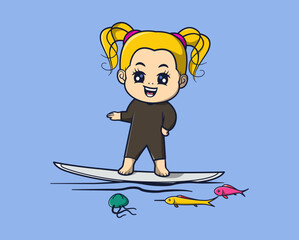 Fototapeta na wymiar vector illustration of cute yellow-haired woman surfing with fish around. sport icon concept