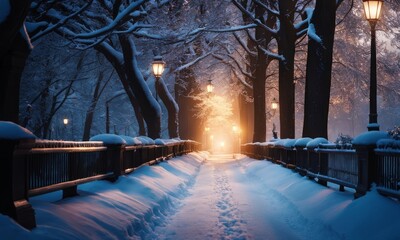 Snow covered footpath amidst illuminated trees during Advent at night, Generative AI