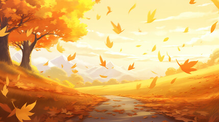 leaves in a blowing wind, autumn manga wallpaper, ai generated image