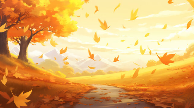 leaves in a blowing wind, autumn manga wallpaper, ai generated image