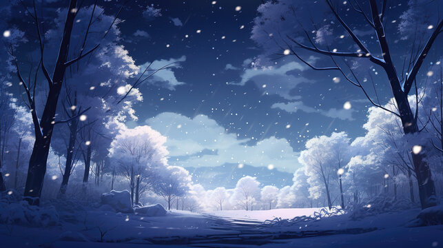 a big snowy winter field in an anime style, ai generated image