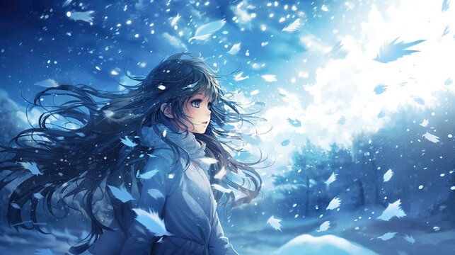 sad loneoly anime girl standing in a winter field with magical leaves falling around, ai generated image