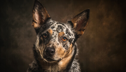 Australian Cattle Dog Happy Dog Portrait Illustration, Canine Looking at Camera Dark Background