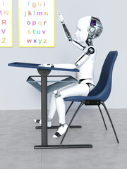 3D rendering of a robot child in a classroom nr 1.