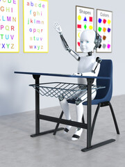 3D rendering of a robot child in a classroom nr 2.