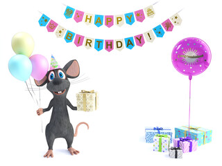 3D rendering of a cartoon mouse with party balloons and gifts.