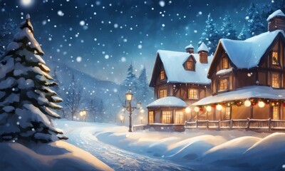 Fototapeta na wymiar Christmas background - snow landscape with sparkling lights, Generative AI