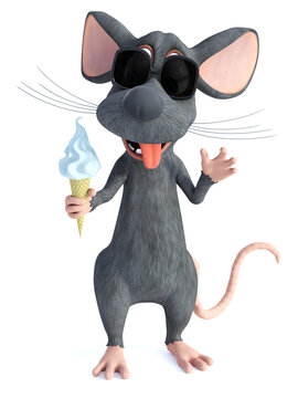3D rendering of a cool cartoon mouse eating ice cream.