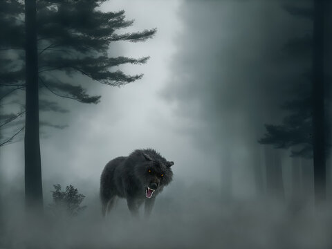 3D rendering of a black wolf or werewolf.