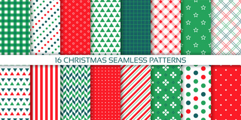 Christmas background. Seamless pattern. Prints with polka dot, stripes, herringbone, triangle, plaid. Set festive wrapping papers. New year textures. Collection red green backdrop. Vector illustration