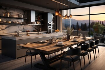 Fototapeta na wymiar Open kitchen with mountain view & hanging lights. 